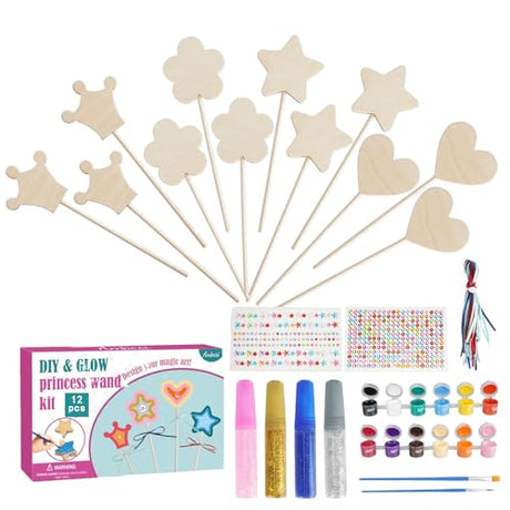 WATUNID 56Pcs Princess Fairy Wands Kit, 4 Styles Unfinished Wooden Fairy Wand with Gem Stickers, Paint, Ribbons, Make Your Own Princess Wand Craft Kits, DIY Art Magical Show Party Supplies for Girls WATUNID