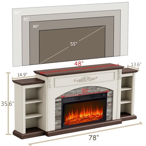 78" Electric Fireplace with Mantel, Fireplace TV Stand for TVs Up to 90 Inch, Entertainment Center with 30inch Fire Place Insert ＆ Realistic Stacked Stone Surround for Living Room BLANKSPACE