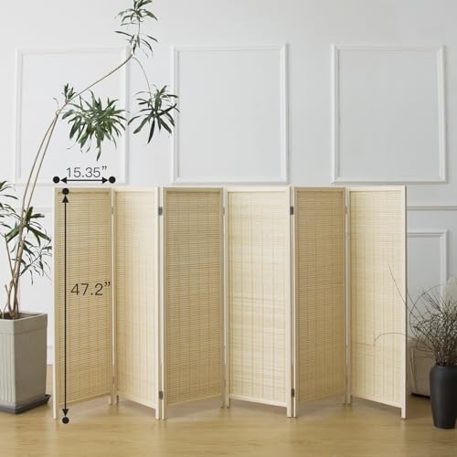 Furnnylane 6 Panel Short Room Divider Screen,Beige Freestanding Partition,Small Bamboo Panel Divider for Room Seperation,3.95 FT Tall Furnnylane