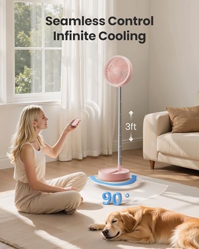 Gaiatop Portable Pedestal Fan 16000mAh Battery [Max 74h Runtime], Foldable Oscillating Standing Fan, Collapsible Desk Fans, LED Light, Case & Remote Control, 4 Speeds for Outdoor Travel Camping (Pink) Gaiatop