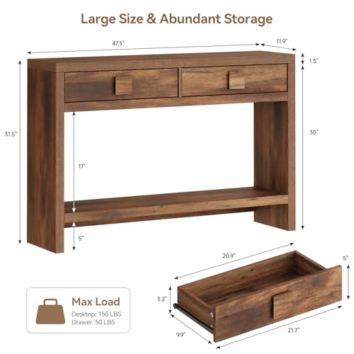 ONBRILL Console Table with Drawers, 47 Inch Narrow Entryway Table with Open Storage Shelves, Mid Century Modern Hallway Accent Tables Behind Couch Table for Living Room (Vintage Brown) ONBRILL