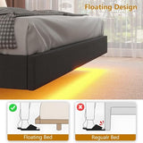 Queen Bed Frame with Headboard,Bed Frame Queen Size with LED Lights & Charging Station,Floating Queen Bed Frame with Storage Openable Marshmallow Headboard,No Box Spring Needed,Noise-Free,Dark Gray BYSAUD