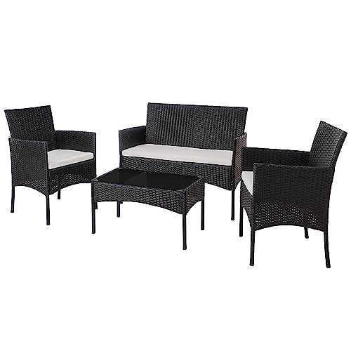 Shintenchi 4 Piece Outdoor Patio Furniture Sets, Small Wicker Patio Conversation Furniture Rattan Chair Set with Tempered Glass Coffee Table for Backyard Porch Garden Poolside Balcony, Black