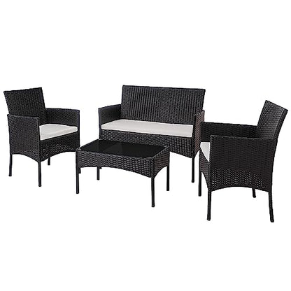 Shintenchi 4 Piece Outdoor Patio Furniture Sets, Small Wicker Patio Conversation Furniture Rattan Chair Set with Tempered Glass Coffee Table for Backyard Porch Garden Poolside Balcony, Black