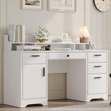 MaverickFurni Executive Desk with Hutch, 58 Inch White Computer Desk with 5 Drawers, Home Office Desk with Storage, Rustic Desk with Adjustable Shelves and Storage Cabinet for Bedroom MaverickFurni