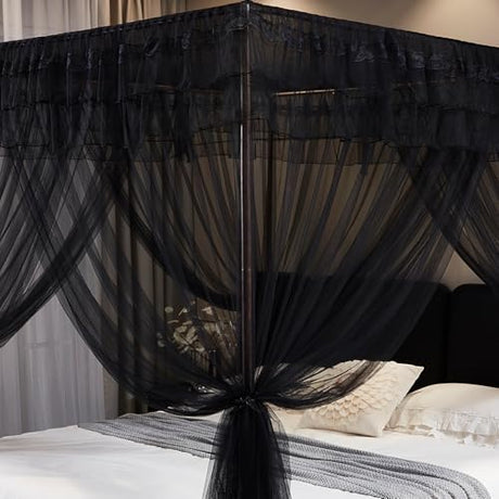 Kertnic Black Canopy Bed Curtains for Girls & Adults, Queen King Bed Canopy Drapes Netting, Practical Mosquito Net for Bed (King- 86" W*78" L*82" H) Kertnic