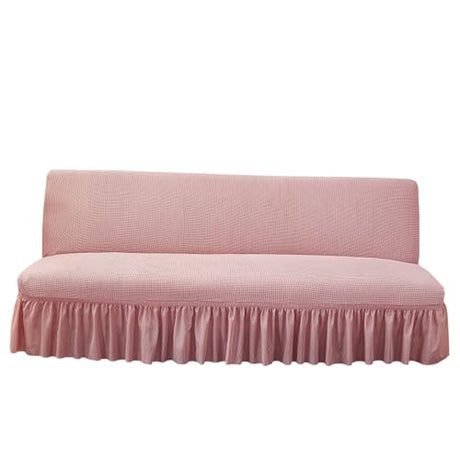 Daunkang Futon Cover Slipcover Removable Armless Sofa Bed Slipcovers Full Size with Skirt Ruffled Knitted Futon Sofa Cover Furniture Bed Protector with Elastic Bottom M Pink Daunkang