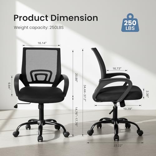 DUMOS Office Desk Chair - Ergonomic Mid Back with Lumbar Support & Rocking Mode, Height Adjustable with Fixed Armrest, Storage Back for Computer, Gaming, Conference, Meeting, 360° Swivel, Black DUMOS