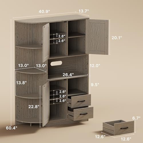Gizoon 60.4" Farmhouse Kitchen Pantry Storage Cabinet with Doors and Adjustable Shelves, Large Kitchen Hutch with Drawers, Freestanding Cupboard for Dining Room, Living Room, Grey Gizoon