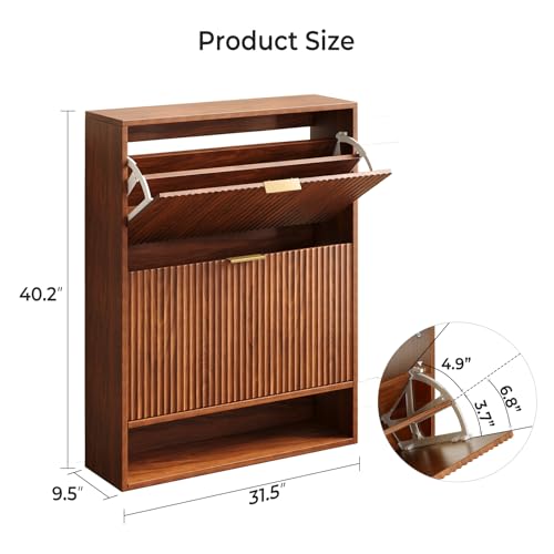 Hootata 31.5''W Walnut Shoe Storage Cabinet for Entryway with 2 Flip Drawers, Fluted Slim Shoe Cabinet, Free Standing Wooden Shoes Organizer for Foyer, Hallway Hootata