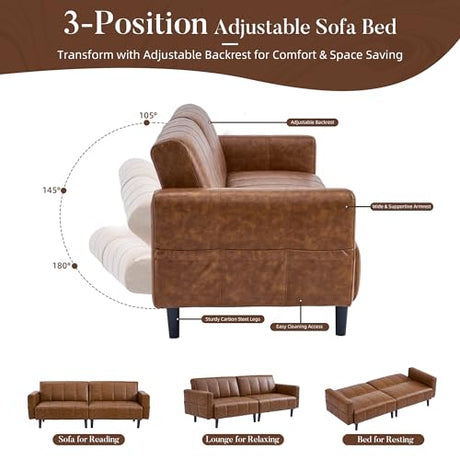 hausway 83”Faux Leather Futon Couch,Mid Century Modern Convertible Faux Leather Sofa with Adjustable Backrest,Storage Pocket,Wooden&Steel Frame for Office,Living Room,Space-Saving,Brown hausway