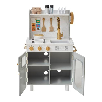 Teamson Kids Little Chef Memphis Small Wooden Play Kitchen with Interactive, Realistic Features, and 16 Kitchen Accessories - for 3yrs and up, Pretend Play House, Restaurant - Gray/Gold/Faux Marble