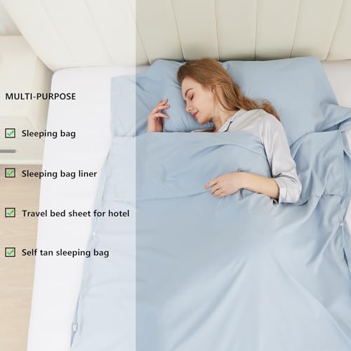 RHINSBENF Sleeping Bag Liner Camping Adult Sleep Sack Lightweight Travel Sheet for Hotel Bed Compact Ultralight Essential Cleaning Supplies Kit Travel Bedding Set for Backpacking (Blue & Single) RHINSBENF