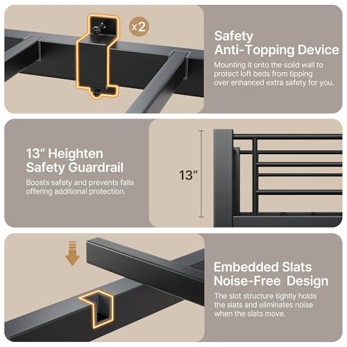 Gizoon Twin Loft Bed with Desk, Metal Loft Bed Frame with LED Lights & Charging Station, Storage Shelf, Pull-Out Keyboard, Ladder and Safety Guardrail, Space-Saving, No Box Spring Needed, Black Gizoon