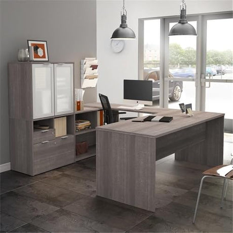 Bestar i3 Plus 72W U-Shaped Executive Desk with Frosted Glass Doors Hutch in bark Grey Bestar