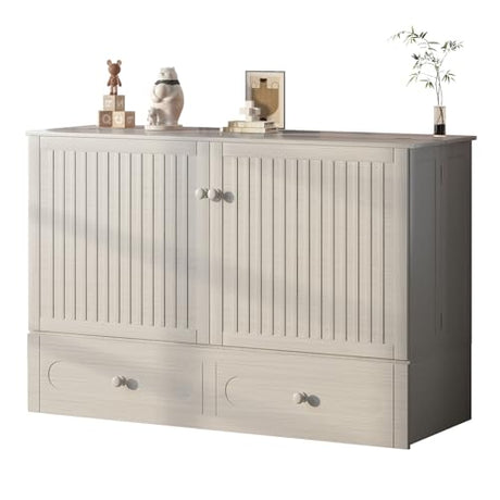 Mjkone Queen Size Murphy Bed Cabinet with Drawers and Tri-Fold Mattress, Modern Versatile Wood Chest Cabinet Wall Bed with USB Charging Station, Wooden Guest Beds for Bedroom Home Apartment - White Mjkone