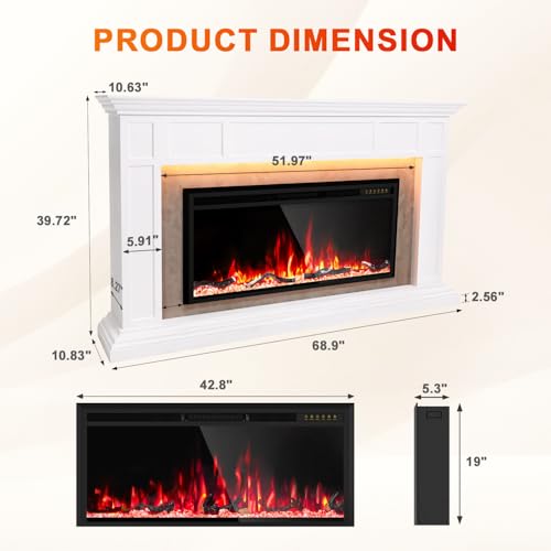 Electric Fireplace Mantel with Grey Marble Finish, 69” Fireplace TV Stand with 42”Electric Fireplace Heater, Remote Control, Adjustable Led Flame, Corner Fireplace for Living Room, Bedroom, White Eshoma