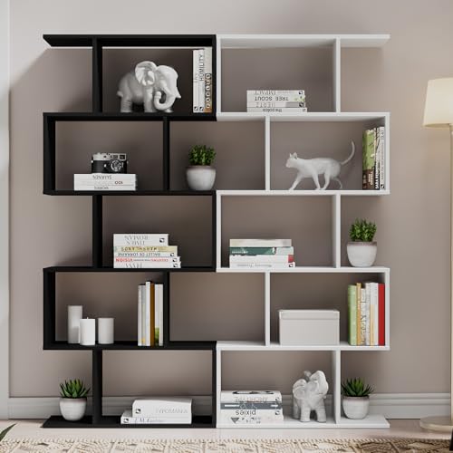 Cozy Castle Set of 2 Geometric Bookcase, S-Shaped Modern Bookshelf, Room Divider Bookshelf, 62" Tall Unique Abstract Bookcase with 5-Tier Display Shelf for Living Room Office, White & Black Cozy Castle