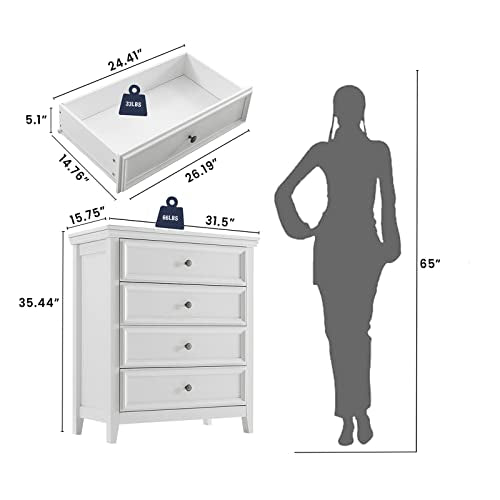 BOSHIRO White Dresser for Bedroom, 4 Chest of Drawers, Wooden Dressers Tall Nightstand with Drawer, Farmhouse Cabinet for Bedroom, Living Room,Hallway - WoodArtSupply