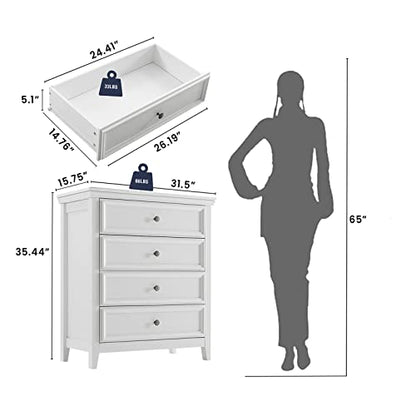 BOSHIRO White Dresser for Bedroom, 4 Chest of Drawers, Wooden Dressers Tall Nightstand with Drawer, Farmhouse Cabinet for Bedroom, Living Room,Hallway - WoodArtSupply