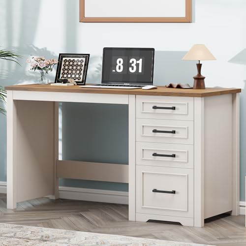 Vabches Farmhouse 49” Executive Desk with File Drawer, 4 Drawers Reversible Computer Desk with Storage, Rustic Home Writing Workstation for Home Office.White Brown Vabches