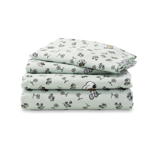 Berkshire Blanket Peanuts® Kids Sheet Set Full Size - 4 Pieces,Cute Character Snoopy Printed Soft Microfiber Bed Sheets,Mini Snoopy & Woodstock New Flower and Bees Sage Berkshire Blanket