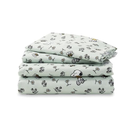 Berkshire Blanket Peanuts® Kids Sheet Set Full Size - 4 Pieces,Cute Character Snoopy Printed Soft Microfiber Bed Sheets,Mini Snoopy & Woodstock New Flower and Bees Sage Berkshire Blanket