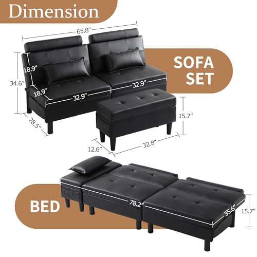 DRMBOOK Convertible Futon Sofa Bed Set with Storage Ottoman, Adjustable Recliner Sleeper Sofa Bed with Side Pocket, Comfy Futon Couch with Table for Living Room, Dorm, Office (Faux Leather, Black) DRMBOOK