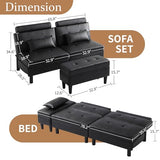 DRMBOOK Convertible Futon Sofa Bed Set with Storage Ottoman, Adjustable Recliner Sleeper Sofa Bed with Side Pocket, Comfy Futon Couch with Table for Living Room, Dorm, Office (Faux Leather, Black) DRMBOOK
