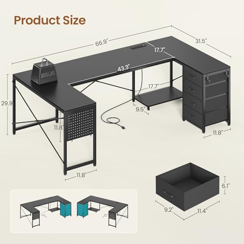 SEDETA 67" U Shaped Desk with 4 Fabric Drawers, Reversible Corner Computer Desk with Power Outlet & CPU Shelf, L Shaped Office Desk with Pegboard for Home Office, Black SEDETA