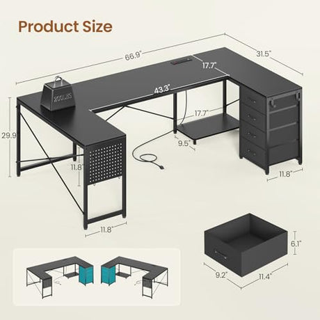 SEDETA 67" U Shaped Desk with 4 Fabric Drawers, Reversible Corner Computer Desk with Power Outlet & CPU Shelf, L Shaped Office Desk with Pegboard for Home Office, Black SEDETA