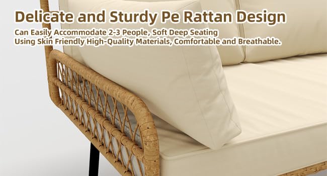 IDEALHOUSE 3-Piece Patio Furniture Set, All Weather Rattan Sofa with Tempered Glass Coffee Table and Thick Cushions, Sectional L-Shaped Patio Furniture for Deck, Poolside, Backyard, or Porch, Beige IDEALHOUSE