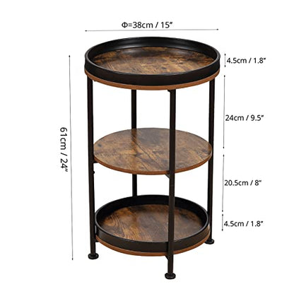 Dulcii Side Table, Round End Table with 3 Storage Shelves for Living Room, Bedroom, Nightstand with Steel Frame for Small Spaces, Industrial Round Sofa Table, Outdoor Accent Coffee Table, Rus - WoodArtSupply