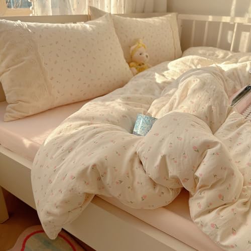 VM VOUGEMARKET Girl's Pink Flower Duvet Cover Twin,Romantic Lace Bedding Set with Zipper Ties Soft Lightiweght Washed Microfiber Comforter Cover for Teen Girls VM VOUGEMARKET