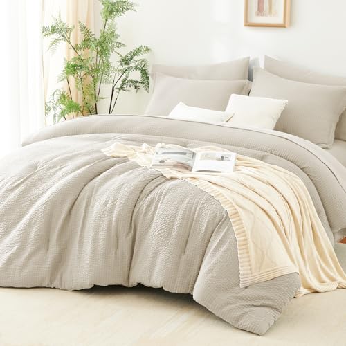 CozyLux Queen Comforter Set Beige - 7 Pieces Striped Seersucker Bed in a Bag, Soft Lightweight Boho Bedding Set with All Season Comforters Queen Size, Sheets, Pillowcases & Shams CozyLux
