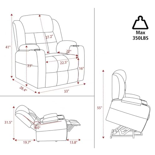 Ketaiyou Electric Power Lift Recliner Chair Sofa with Massage and Heat for Elderly, USB and Type-C Ports, Cup Holders, Infinite Position (Dark Grey, Regular)