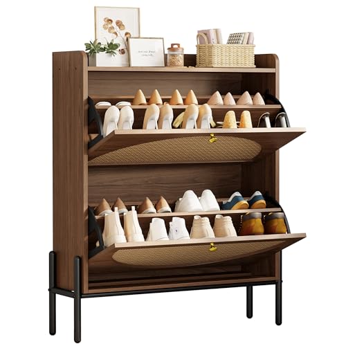 IRONCK Shoe Cabinet Storage with 2 Flip Drawers, Free Standing Wooden Shoe Storage Organizer Cabinet with Rattan Doors for Entryway, Narrow Shoe Rack Cabinet, Walnut IRONCK