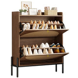 IRONCK Shoe Cabinet Storage with 2 Flip Drawers, Free Standing Wooden Shoe Storage Organizer Cabinet with Rattan Doors for Entryway, Narrow Shoe Rack Cabinet, Walnut IRONCK