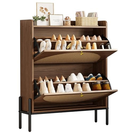 IRONCK Shoe Cabinet Storage with 2 Flip Drawers, Free Standing Wooden Shoe Storage Organizer Cabinet with Rattan Doors for Entryway, Narrow Shoe Rack Cabinet, Walnut IRONCK