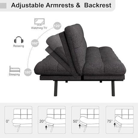 MUUEGM 71" Futon Sofa Bed, Comfortable Memory Foam Futons Sofa with Adjustable Backrest & Armrests, Convertible Loveseat Futon Bed for Compact Living Room, Apartment, Office, Medium Grey MUUEGM