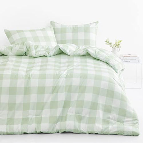Wake In Cloud - Gingham Comforter Set, Plaid Buffalo Check Checkered Cottagecore Cute Geometric, Soft Lightweight Bedding, 3 Pieces, Sage Green, Twin/Twin XL Size Wake In Cloud