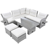 YOPTO 8-Piece Outdoor Furniture Couch Set,Rattan Patio Conversation Sectional Sofa Set with Adjustable Table,Recliners W/Extendable Side Tables & 2 Movable Ottomans,for Patio,Lawn,Backyard,Pool,Beige YOPTO