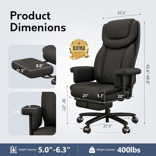 JULYMON Executive Office Chair Big and Tall 400LBS, 165° Reclining Office Chair with Footrest, Leather Desk Chair with Quiet Wheels, Height Adjustable, Padded Arms, Black JULYMON