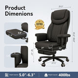 JULYMON Executive Office Chair Big and Tall 400LBS, 165° Reclining Office Chair with Footrest, Leather Desk Chair with Quiet Wheels, Height Adjustable, Padded Arms, Black JULYMON