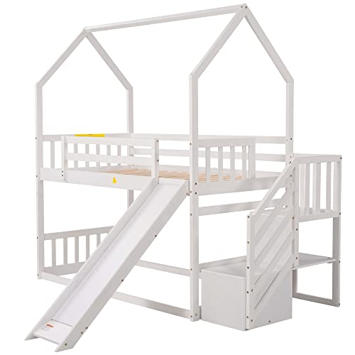 Twin Over Twin House Bunk Bed Frames with Slide and Storage Staircase, No Box Spring Needed, White Merax