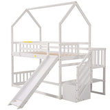 Twin Over Twin House Bunk Bed Frames with Slide and Storage Staircase, No Box Spring Needed, White Merax