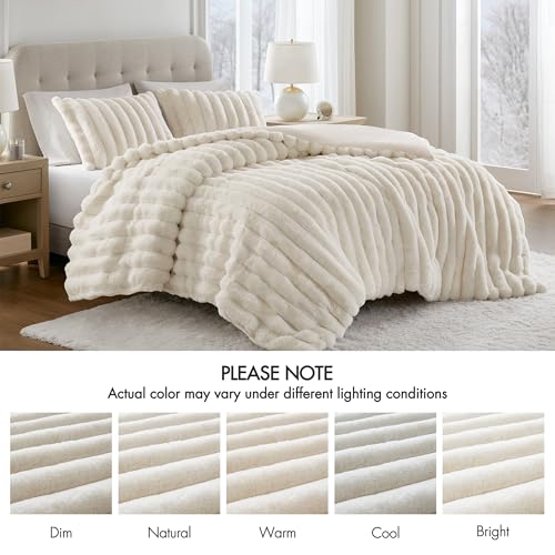 Madison Park Jasmine King Comforter Set, Luxurious Reversible Faux Fur Plush Ribbed Velvet Bedding, Fuzzy Thick Warm Winter Comforter, Super Soft Fluffy 3-Piece Set Ivory Madison Park