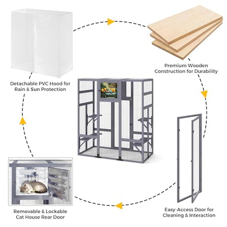 COZIWOW Large Outdoor Cat Cage with Insulated Cat House, 3-Tier Jump Platform, PVC Weatherproof Cover, Removable Cushion, DIY Art Back Door, Wooden Construction, Fits Big Cats, 62.6 x 32.3 x 70 Inches COZIWOW