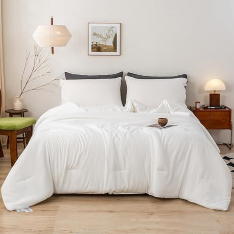 BOHOPOPM White Comforter Twin/XL Size Single Bed - Lightweight Super Soft Cozy Modern Polycotton Bedding Blanket Quilt Set for Kid Teen Boy Children All Season - 1 Solid Comforter and 1 Pillowcase BOHOPOPM