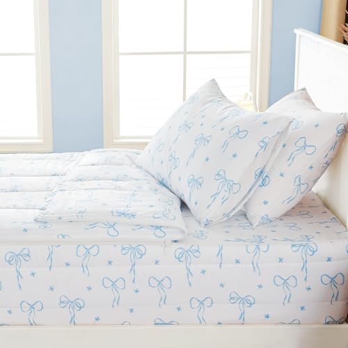 Bildenly Bow Zipper Bedding Twin for Girls, Bed in a Bag, Comforter Set White - Light Blue Bow Quilt with All-in-One Zipper Design, Cute Bow Quilt Set for Girls & Boys Bildenly